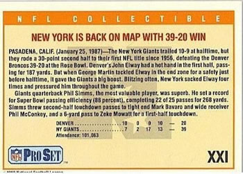 1989 Pro Set - Super Bowl NFL Collectibles #XXI Super Bowl XXI Back