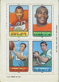 1969 Topps - Four-in-One #NNO Hewritt Dixon / Goldie Sellers / Howard Twilley / Joe Namath Front