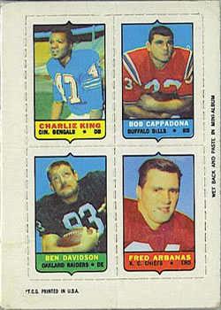 1969 Topps - Four-in-One #NNO Charley King / Bob Cappadona / Ben Davidson / Fred Arbanas Front