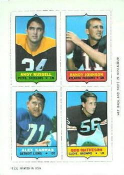 1969 Topps - Four-in-One #NNO Andy Russell / Randy Johnson / Alex Karras / Bob Matheson Front