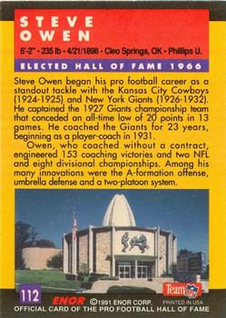 1991 Enor Pro Football HOF #112 Steve Owen Back