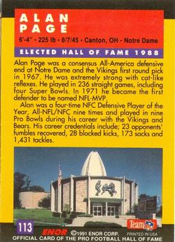 1991 Enor Pro Football HOF #113 Alan Page Back