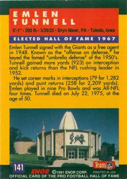 1991 Enor Pro Football HOF #141 Emlen Tunnell Back