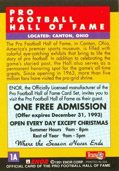 1991 Enor Pro Football HOF #1A Pro Football Hall of Fame Back