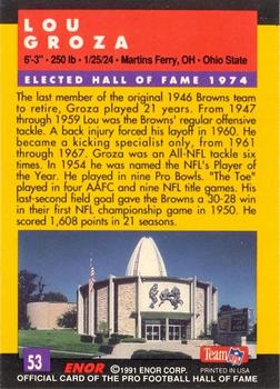 1991 Enor Pro Football HOF #53 Lou Groza Back