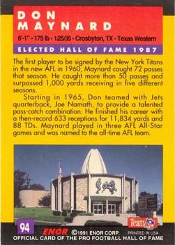 1991 Enor Pro Football HOF #94 Don Maynard Back