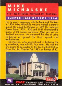 1991 Enor Pro Football HOF #98 Mike Michalske Back