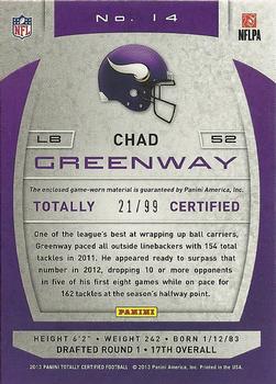 2013 Panini Totally Certified - Totally Blue Materials #14 Chad Greenway Back