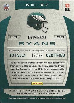 2013 Panini Totally Certified - Totally Blue Materials #97 DeMeco Ryans Back