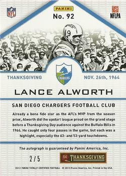 2013 Panini Totally Certified - Green Signatures #92 Lance Alworth Back