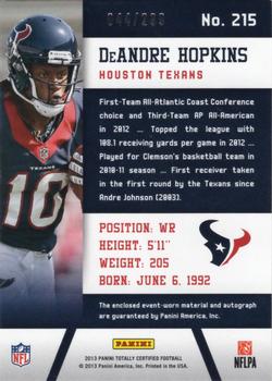 2013 Panini Totally Certified - Totally Red Signatures #215 DeAndre Hopkins Back