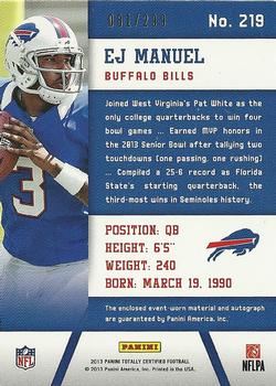 2013 Panini Totally Certified - Totally Red Signatures #219 EJ Manuel Back