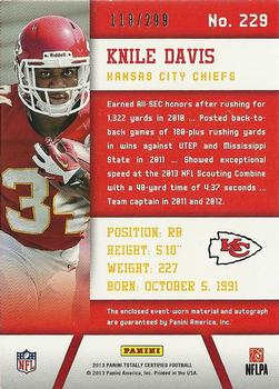 2013 Panini Totally Certified - Totally Red Signatures #229 Knile Davis Back