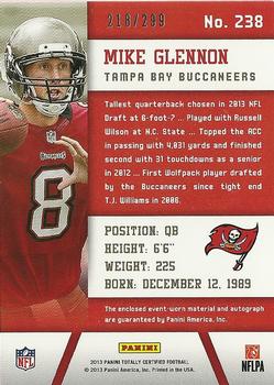 2013 Panini Totally Certified - Totally Red Signatures #238 Mike Glennon Back
