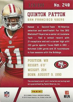 2013 Panini Totally Certified - Totally Red Signatures #240 Quinton Patton Back