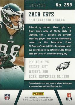 2013 Panini Totally Certified - Totally Red Signatures #250 Zach Ertz Back