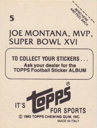 1982 Topps Stickers #5 Joe Montana, MVP, Super Bowl XVI Back