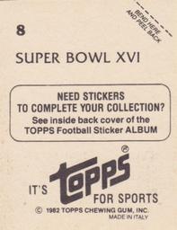 1982 Topps Stickers #8 Super Bowl XVI Back