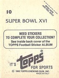 1982 Topps Stickers #10 Super Bowl XVI Back