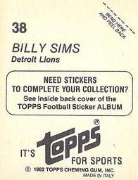 1982 Topps Stickers #38 Billy Sims Back