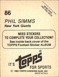 1982 Topps Stickers #86 Phil Simms Back