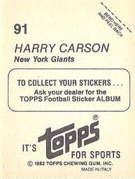 1982 Topps Stickers #91 Harry Carson Back