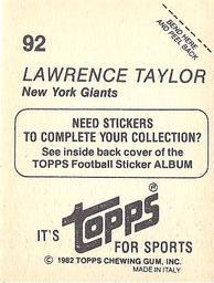 1982 Topps Stickers #92 Lawrence Taylor Back