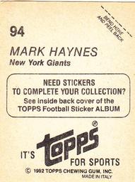 1982 Topps Stickers #94 Mark Haynes Back