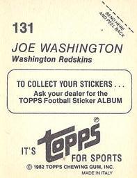 1982 Topps Stickers #131 Joe Washington Back