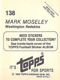 1982 Topps Stickers #138 Mark Moseley Back