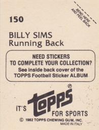1982 Topps Stickers #150 Billy Sims Back