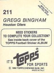 1982 Topps Stickers #211 Gregg Bingham Back