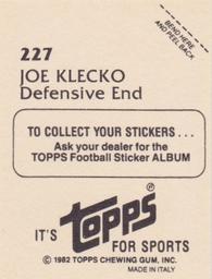 1982 Topps Stickers #227 Joe Klecko Back