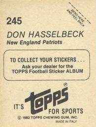1982 Topps Stickers #245 Don Hasselbeck Back