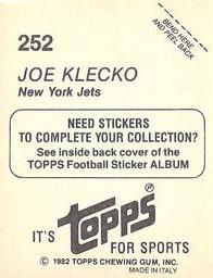 1982 Topps Stickers #252 Joe Klecko Back