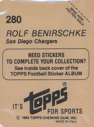 1982 Topps Stickers #280 Rolf Benirschke Back