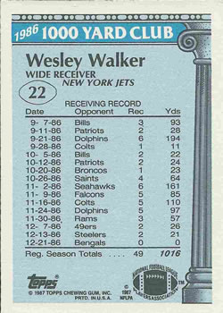 1987 Topps - 1000 Yard Club #22 Wesley Walker Back