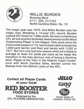 1981 Red Rooster Calgary Stampeders #NNO Willie Burden Back