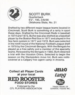 1981 Red Rooster Calgary Stampeders #NNO Scott Burk Back