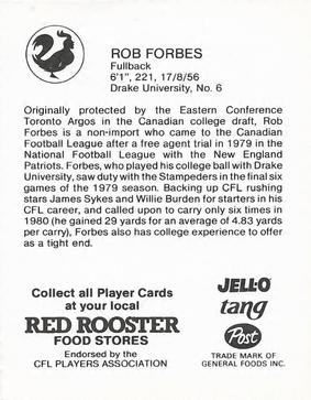 1981 Red Rooster Calgary Stampeders #NNO Rob Forbes Back
