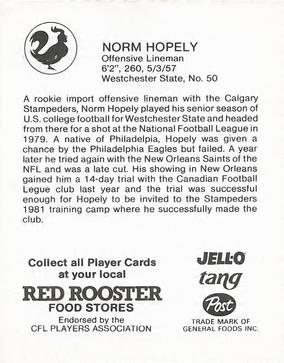 1981 Red Rooster Calgary Stampeders #NNO Norm Hopely Back