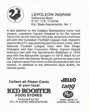 1981 Red Rooster Calgary Stampeders #NNO Lepoleon Ingram Back