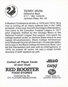 1981 Red Rooster Calgary Stampeders #NNO Terry Irvin Back
