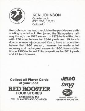 1981 Red Rooster Calgary Stampeders #NNO Ken Johnson Back