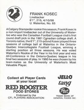1981 Red Rooster Calgary Stampeders #NNO Frank Kosec Back