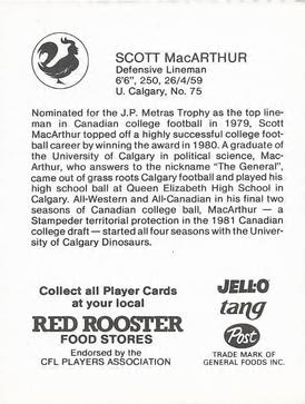 1981 Red Rooster Calgary Stampeders #NNO Scott MacArthur Back