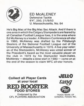 1981 Red Rooster Calgary Stampeders #NNO Ed McAleney Back