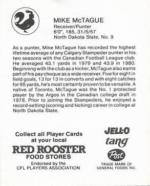 1981 Red Rooster Calgary Stampeders #NNO Mike McTague Back