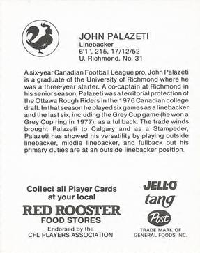 1981 Red Rooster Calgary Stampeders #NNO John Palazeti Back