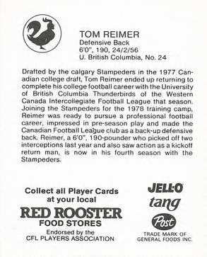1981 Red Rooster Calgary Stampeders #NNO Tom Reimer Back